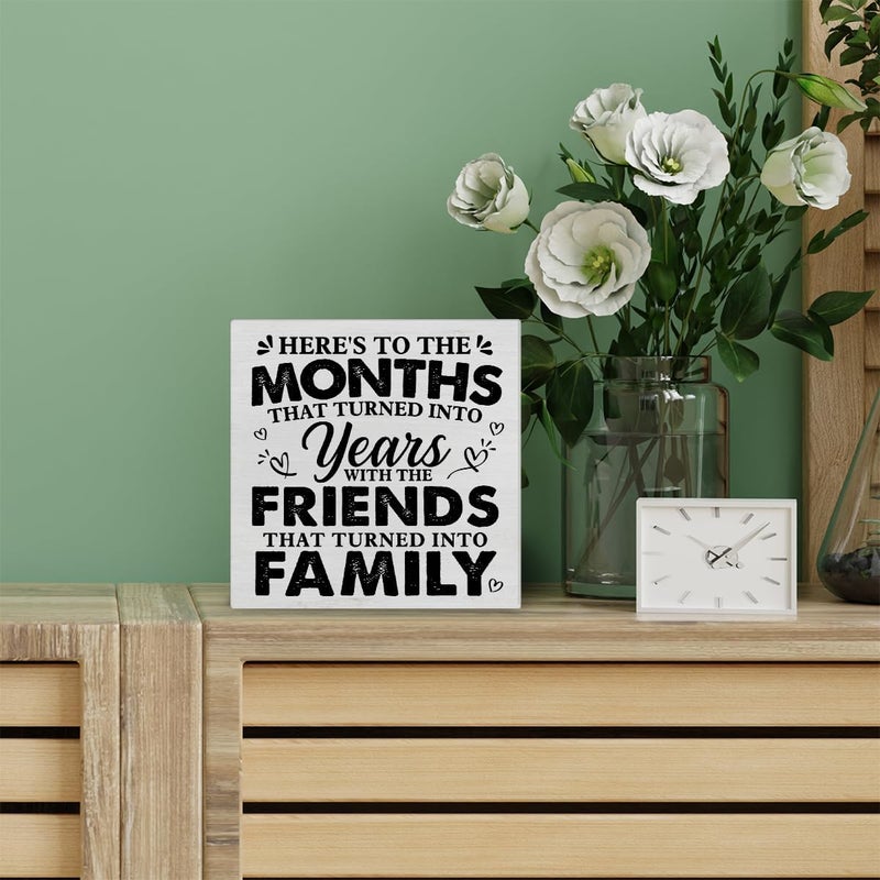 PIXCEOS Friend Quote Decorative Wooden Box Sign the Friends That Turned into Family Wood Block Plaque Decor Farmhouse Home Shelf or Wall Display 5x5 Inches - Image 4